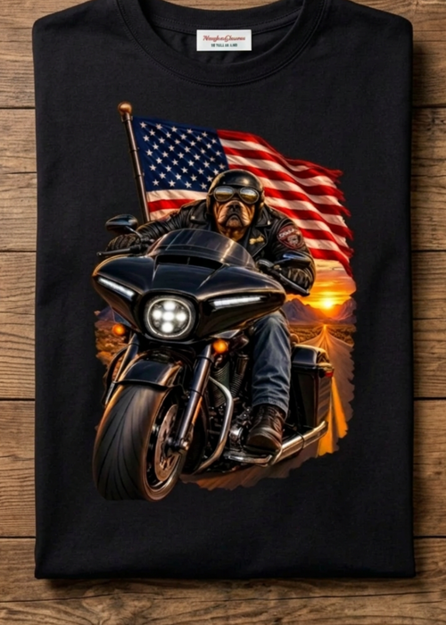 Front of the black American Dog tee with the flag bulldog biker graphic, laid flat on a wooden table