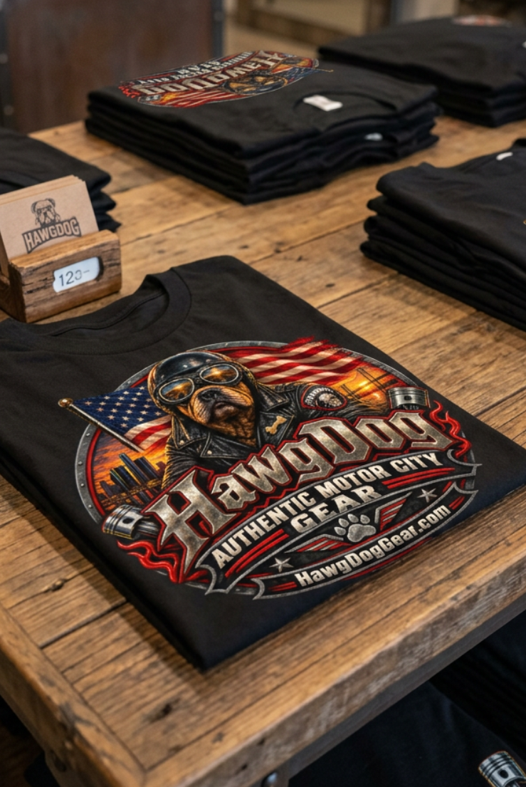 Back of the black American Dog tee with the HawgDog Motor City patch, folded on a wooden table