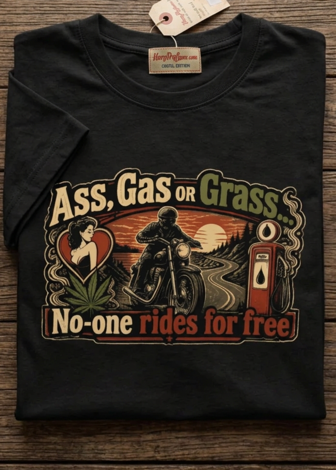 Front of the black No-One Rides for Free men's tank top with the Ass, Gas or Grass graphic, laid flat on a wooden table