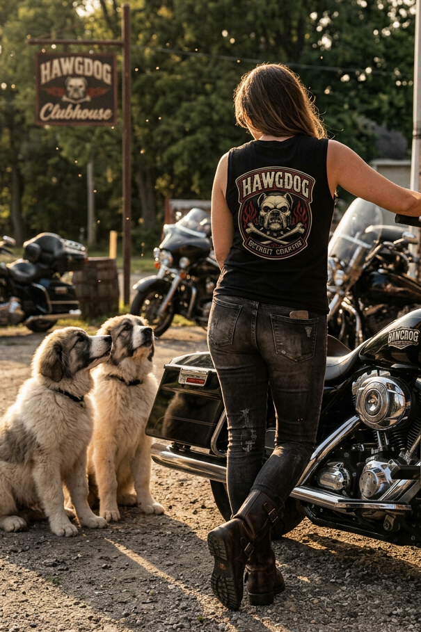 Back of the black Ride Hard & Love Dogs women's crewneck tank with the HawgDog skull patch, with her dogs and motorcycle