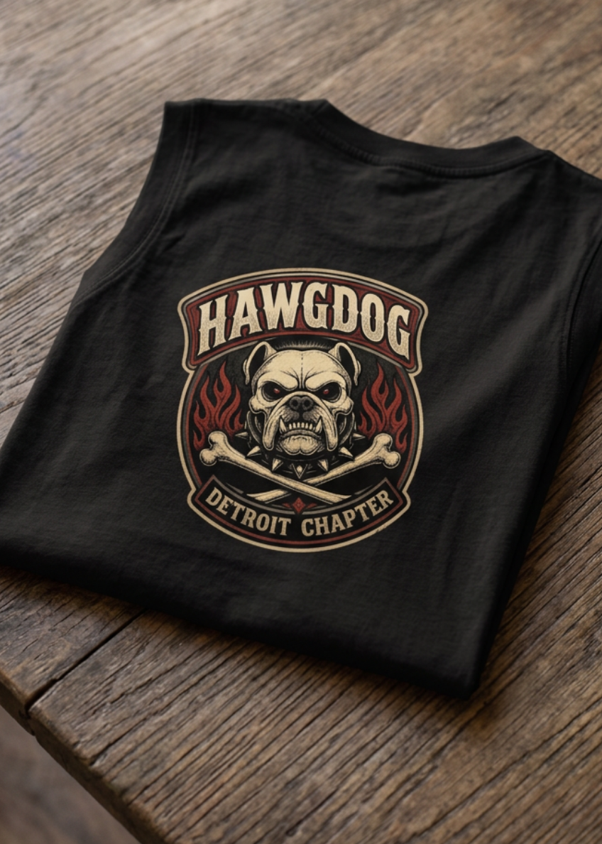 Back of the black Ride Hard & Love Dogs tank top with the HawgDog skull Detroit patch, folded on a wooden table