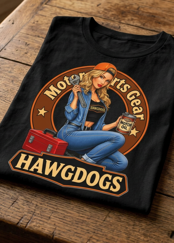 Front of the black Oil Can Annie men's tank top with the pin-up mechanic on a red toolbox graphic, laid flat on a wooden table
