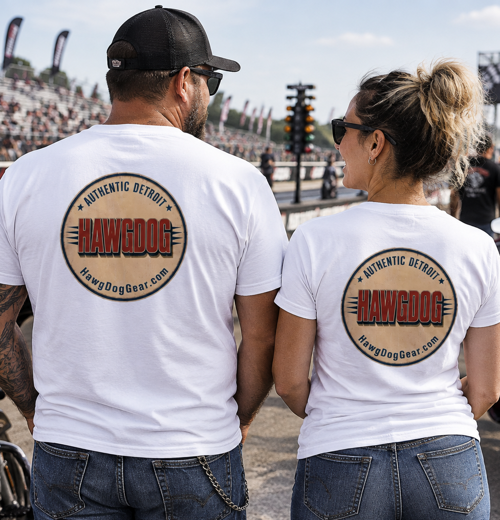 Back of white Bagger Dogs tees with the Authentic Detroit patch at a race