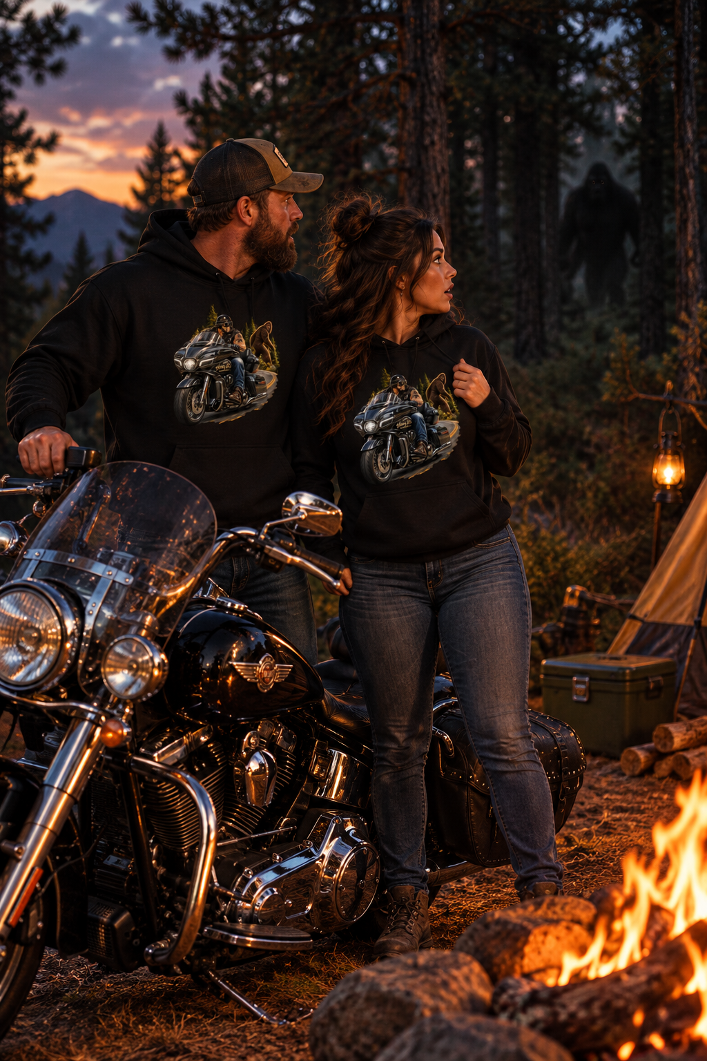 Couple in black Follow The Unknown hoodies with a motorcycle by a campfire