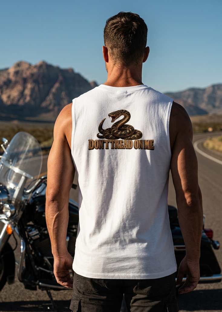Back of the white Don't Tread Doggo men's tank top with the coiled rattlesnake graphic