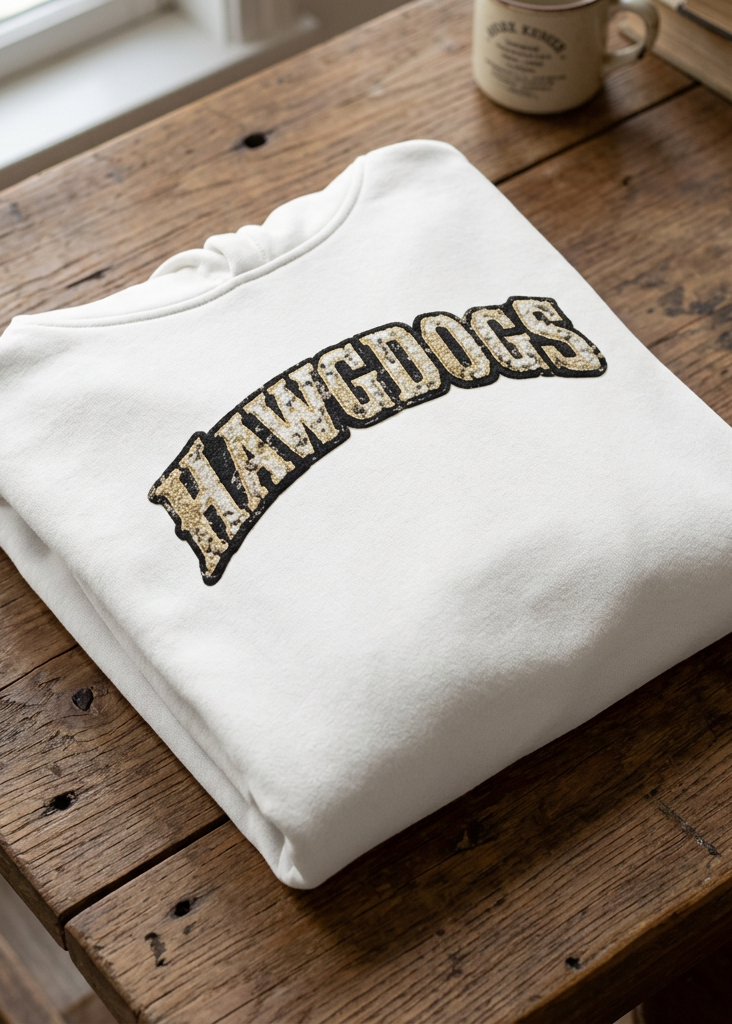 Back of the white Roll Me Away hoodie with the HawgDogs logo, folded on a wooden table