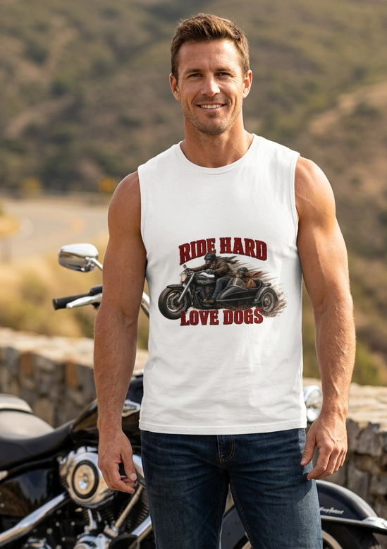 Man in the white Ride Hard & Love Dogs men's tank top with his motorcycle and puppies