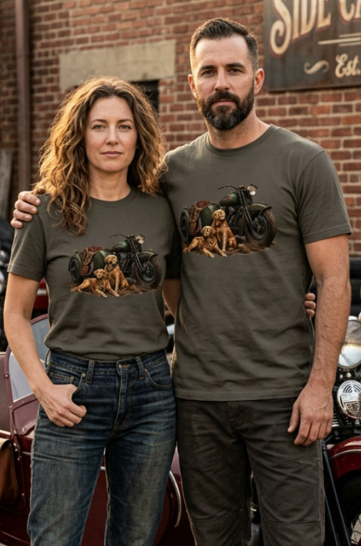 Front of the Charcoal Gray HawgDogs Golden Hour tee with two golden retrievers resting beside a vintage green motorcycle and sidecar