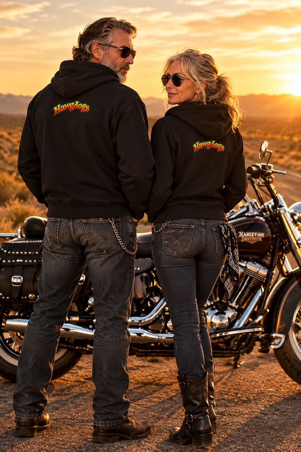Back of black Wild Wheelie 1 Down 5 Up hoodies on a couple at sunset