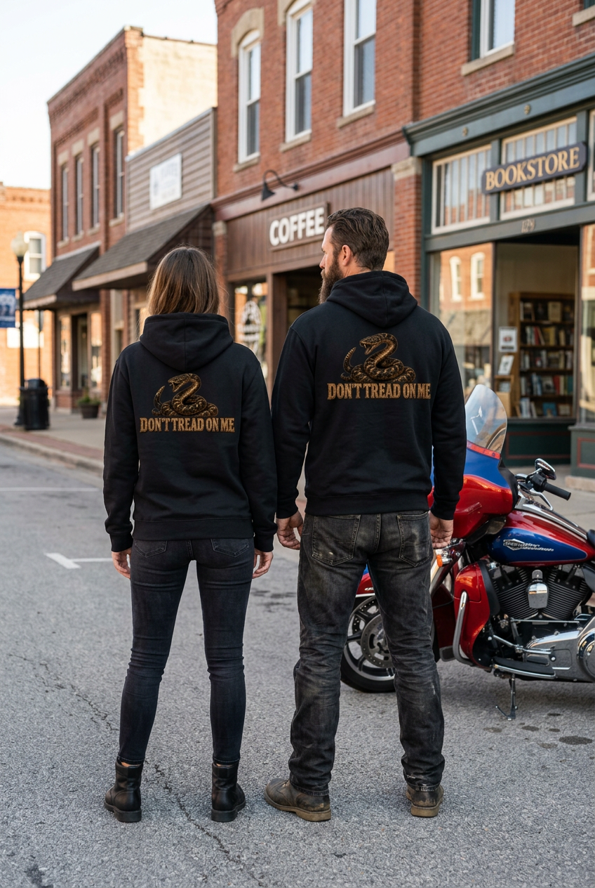 Back of black Don't Tread Doggo premium hoodies on a couple in town