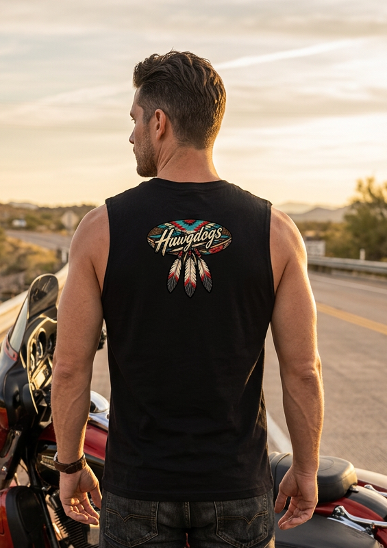Back of the black Thunderhead men's tank top with the feathered HawgDog skull logo