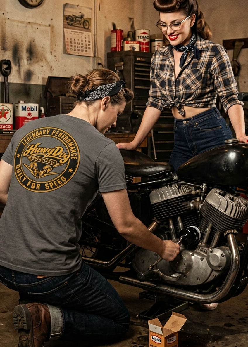 HawgDogs Oil Can Annie Tee Shirt - Charcoal Gray back, on model