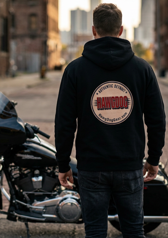 Close-up of the HawgDog Detroit Chapter back emblem on the white Chocolate Biker hoodie