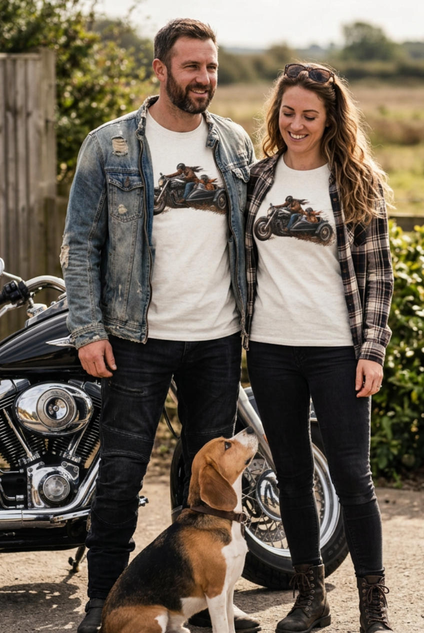Couple wearing Flower Gray HawgDogs Side Hustle tees with a beagle in front of a motorcycle