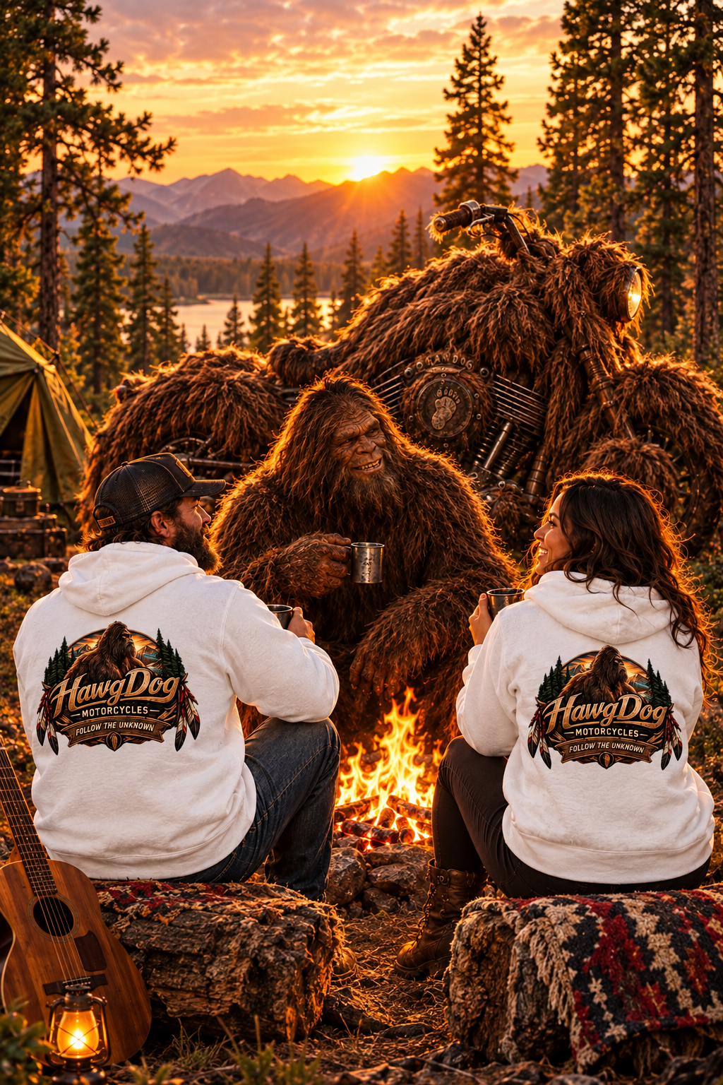 Back of white Follow The Unknown hoodies on a couple sitting with Bigfoot