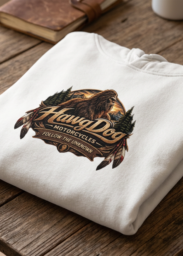 Back of the white Follow The Unknown hoodie with the HawgDog Bigfoot logo, folded on a wooden table