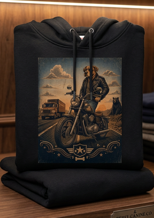 Front of the white HawgDogs Keep on Bikin' Men's Hoodie on a wooden hanger