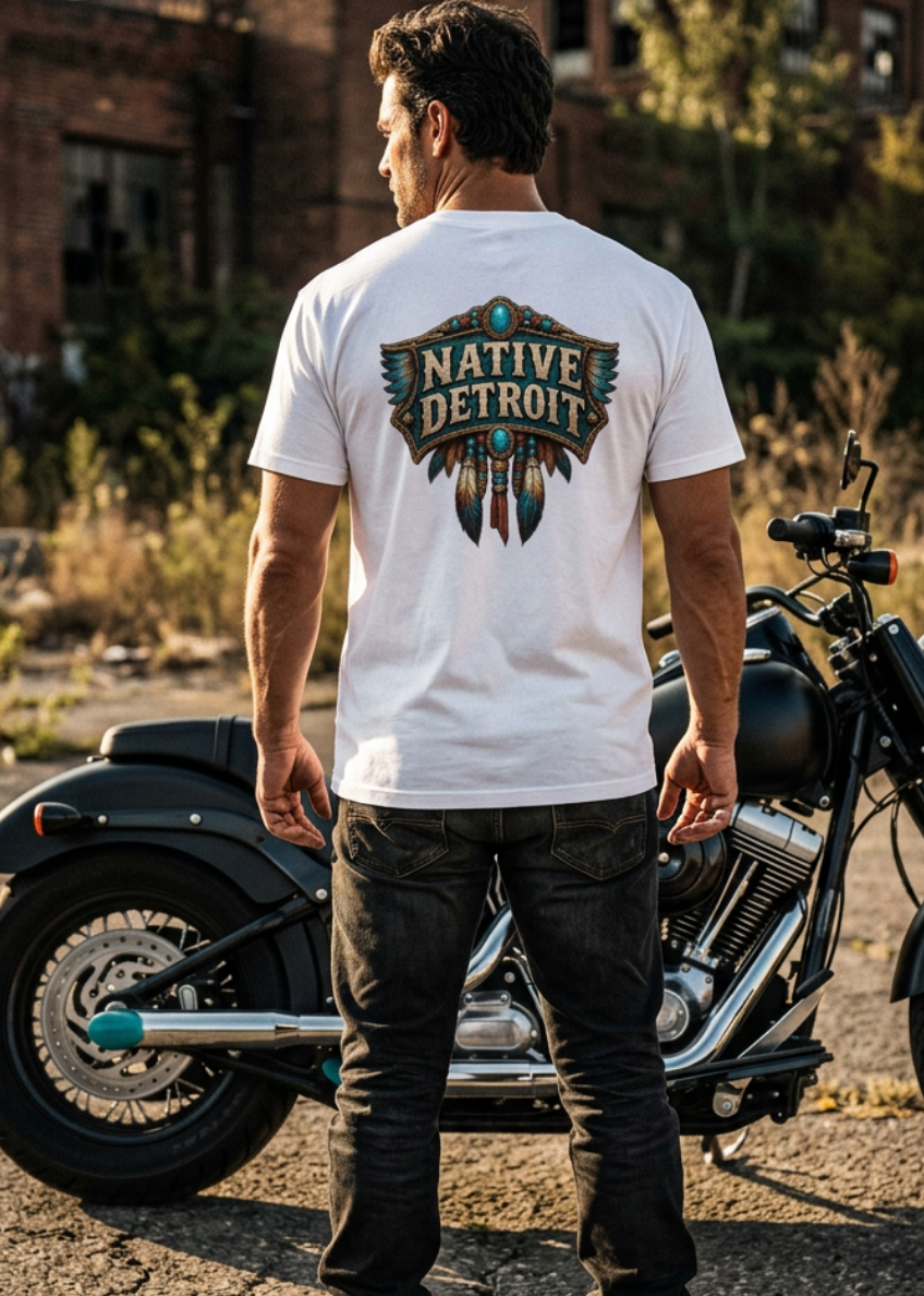 Native Detroit men's tee shirt by HawgDog Gear, white, back