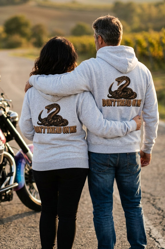Back of gray Don't Tread Doggo hoodies on a couple on a country road