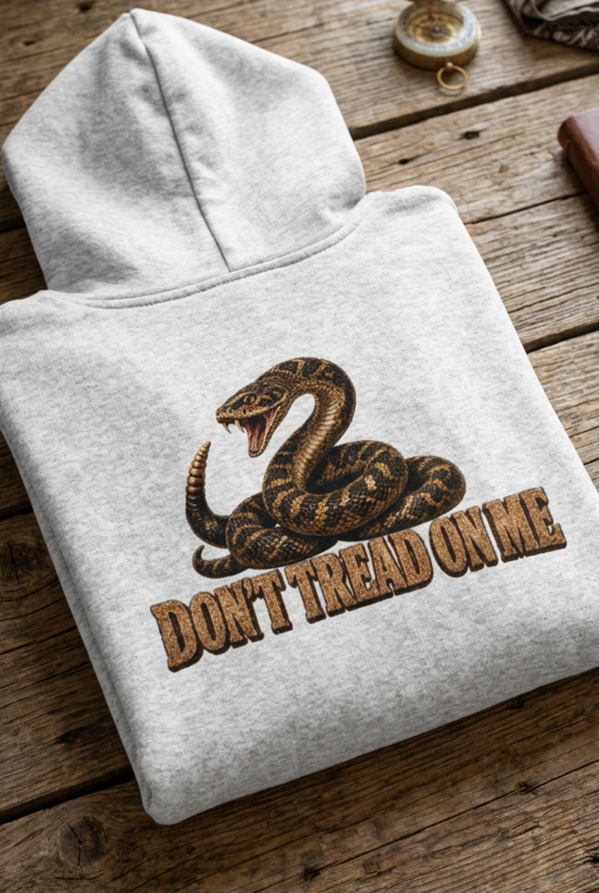 Back of the gray Don't Tread Doggo hoodie with the coiled snake graphic, folded on a wooden table