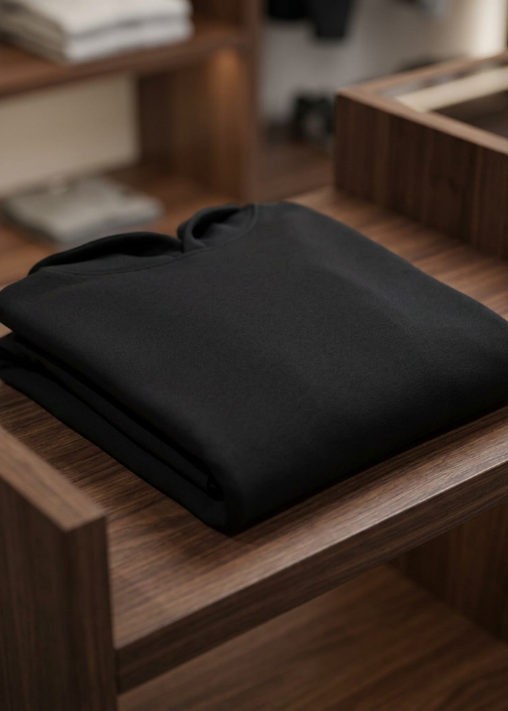 Back of the white HawgDogs Keep on Bikin' Men's Hoodie with the HawgDog Detroit emblem, folded on a wooden table