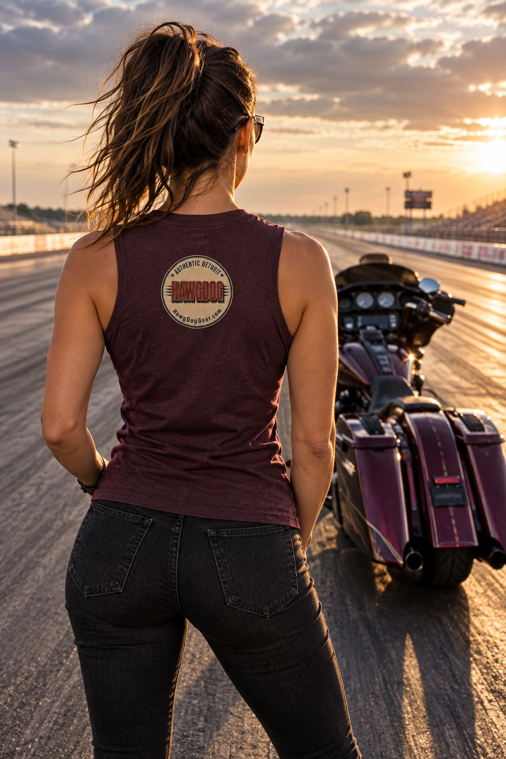 Back of the maroon Bagger Dogs women's crewneck tank at the drag strip