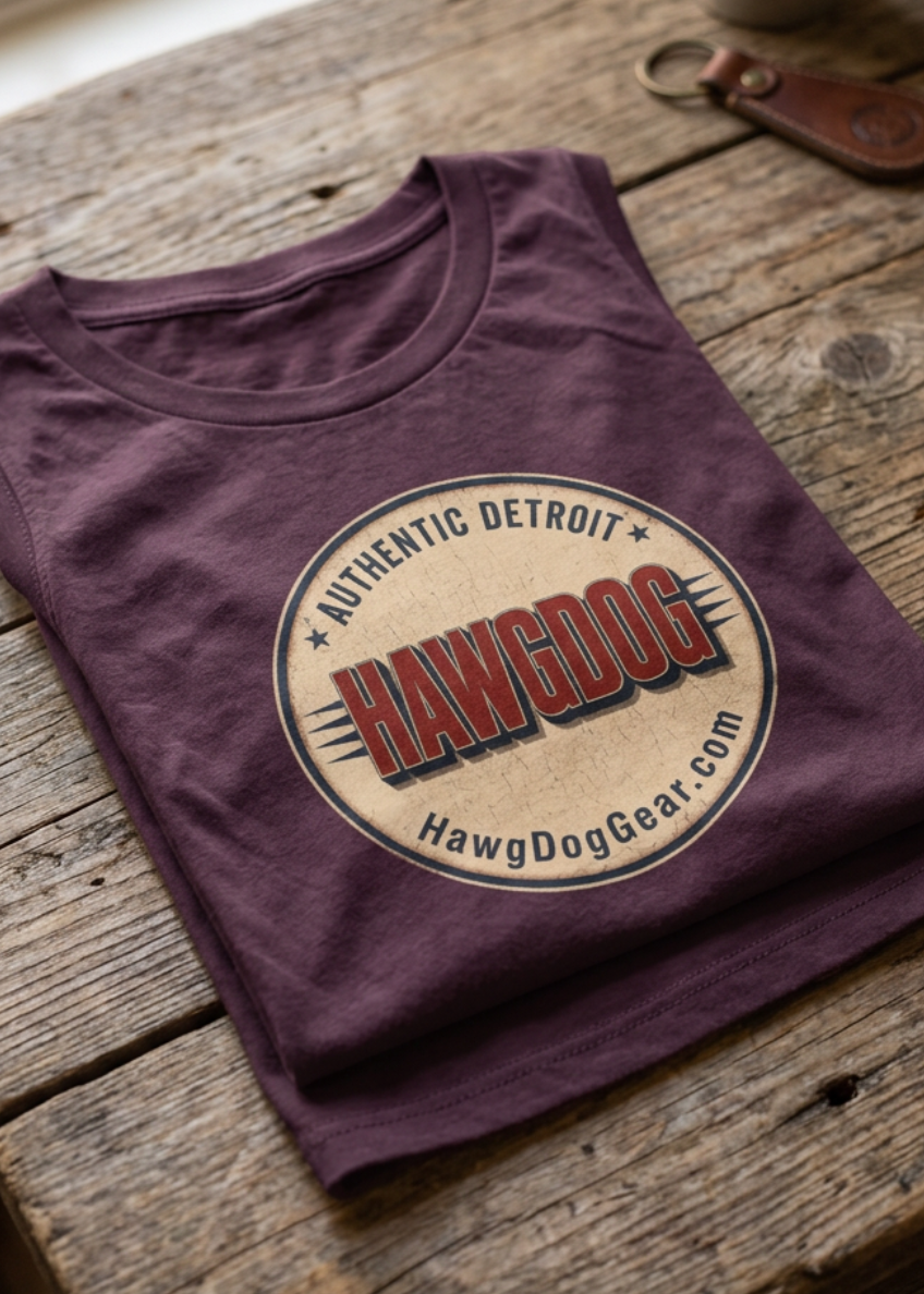 Back of the plum Bagger Dogs women's crewneck tank with the Authentic Detroit patch, folded on a wooden table