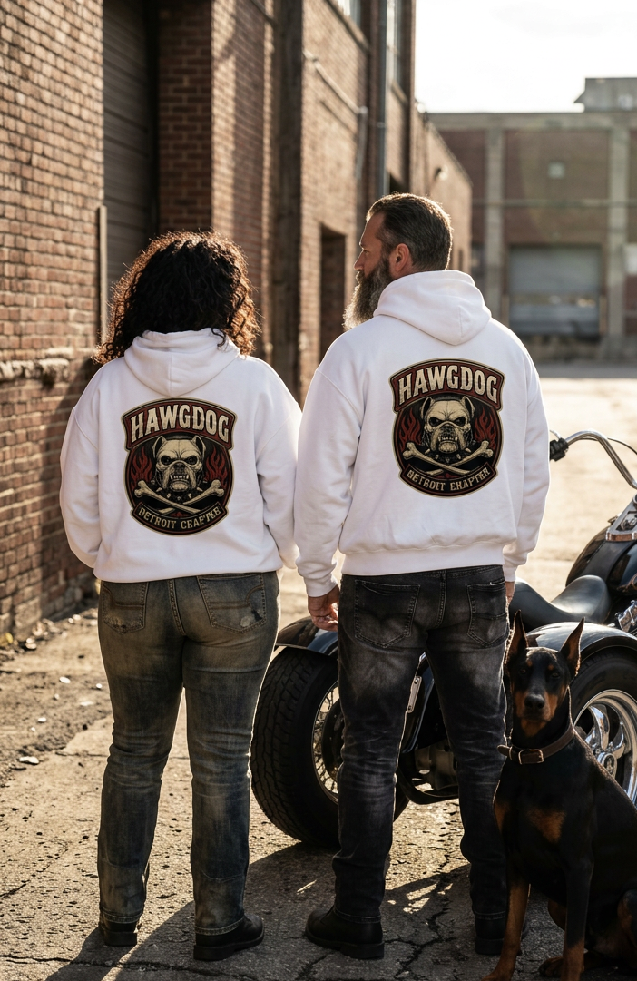 Back of white Ride Hard & Love Dogs Ultimate Fleece-147 hoodies with the HawgDog skull patch