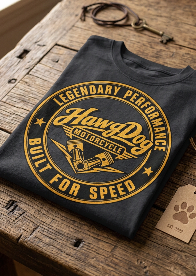 Back of the black Spark Plug Sally men's tank top with the Built for Speed gold seal, folded on a wooden table
