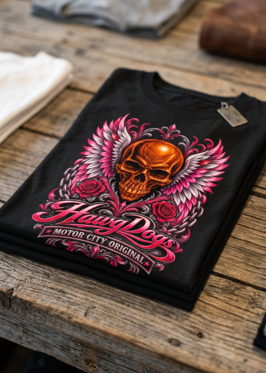 Front of the black Angel Skull women's crewneck tank with the winged angel skull graphic, laid flat on a wooden table