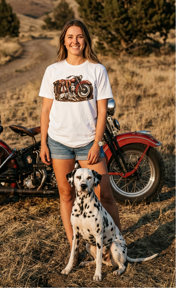 Woman wearing the Lucent White HawgDogs Dal-Life tee with a Dalmatian in front of a vintage red motorcycle