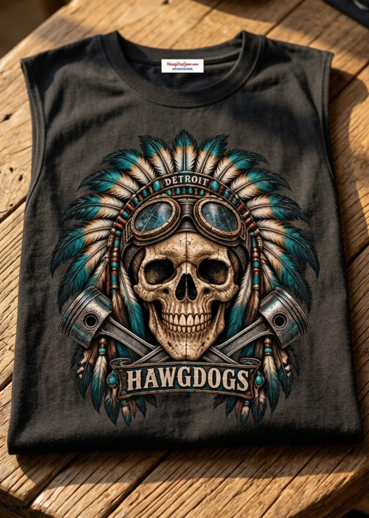 Front of the black Native Detroit women's crewneck tank with the headdress skull graphic, laid flat on a wooden table