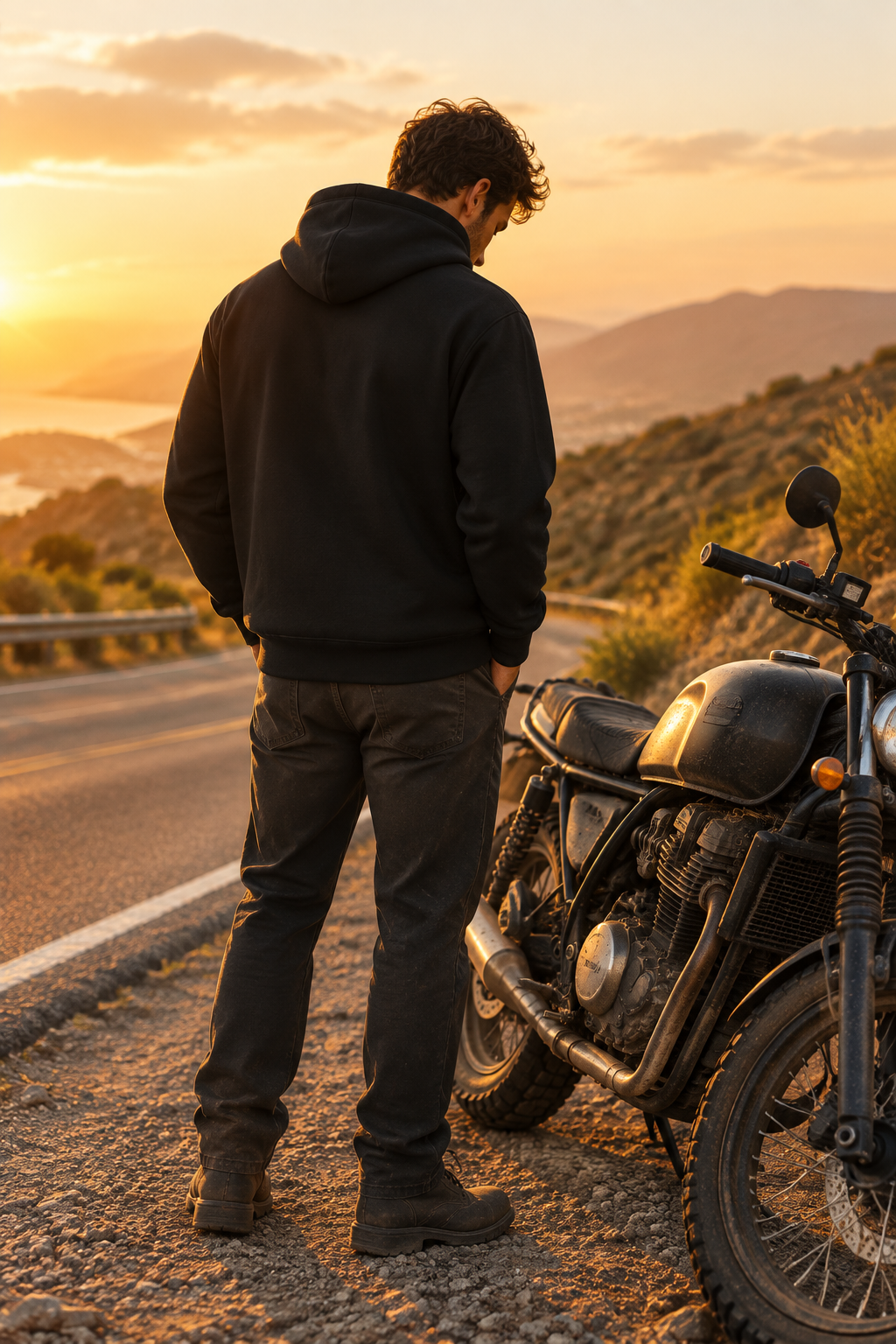 Back of the black Don't Fear Death, Fear Not Living hoodie on a rider at a roadside sunset