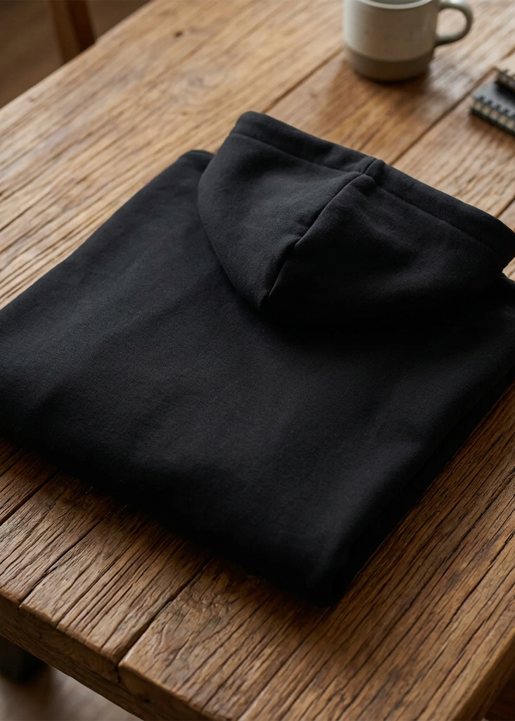 Back of the black Don't Fear Death, Fear Not Living hoodie, folded on a wooden table