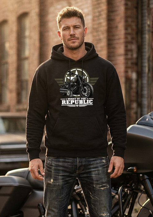 Close-up of the Might of The Republic patriotic V-twin front graphic on the white hoodie