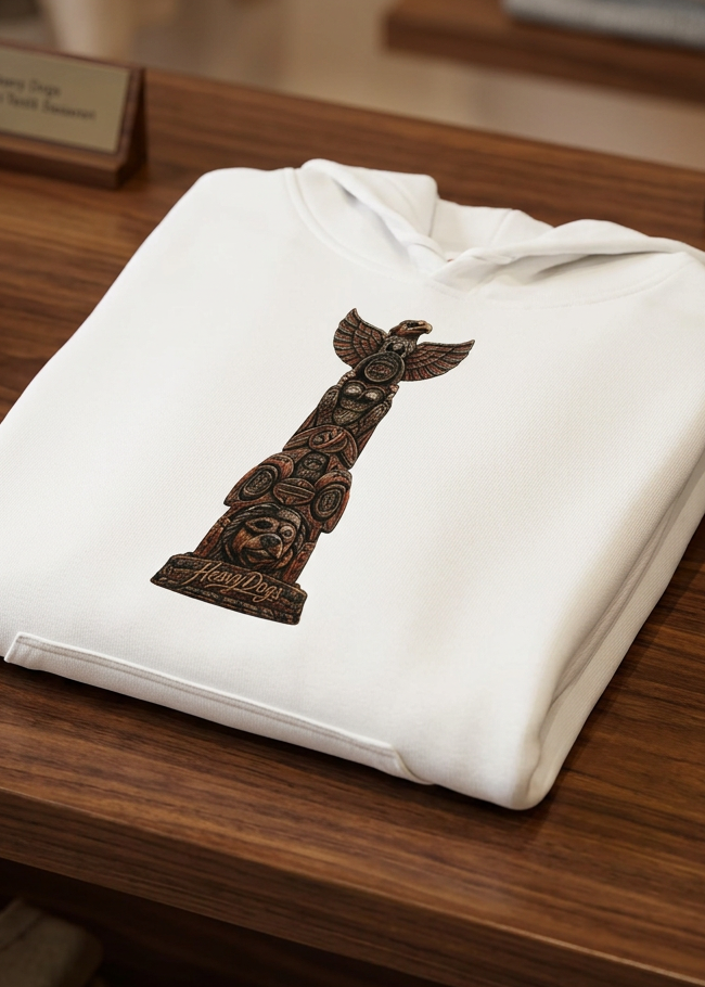 Front of the white HawgDogs Totem Pooch Men's Hoodie on a wooden hanger