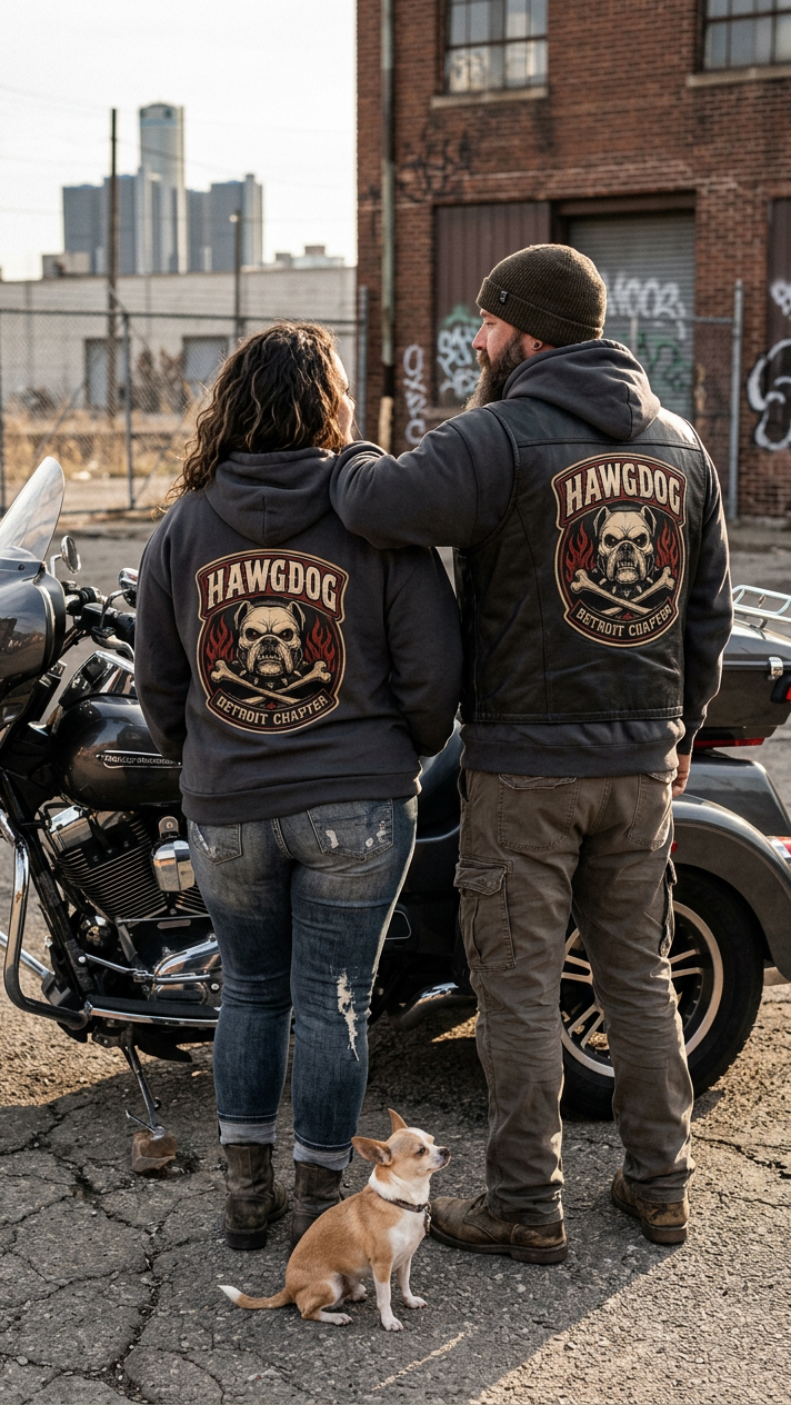 Back of charcoal gray Ride Hard & Love Dogs Ultimate Fleece-147 hoodies with the HawgDog skull patch and a small dog