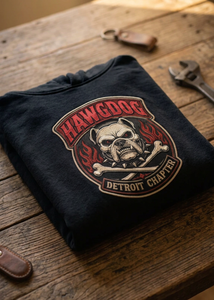 Back of the black Ride Hard & Love Dogs hoodie with the HawgDog skull Detroit patch, folded on a wooden table