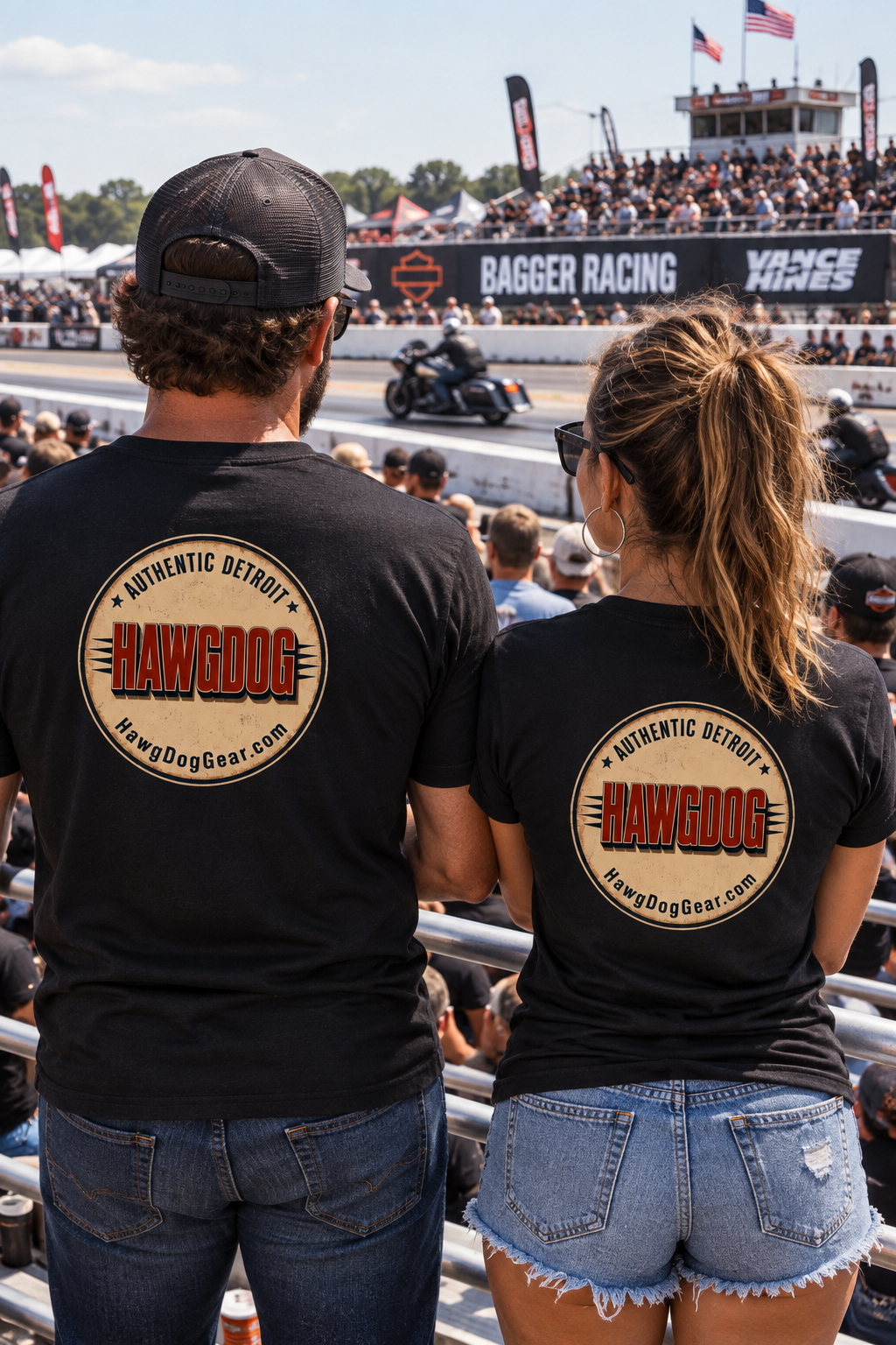 Back of black Bagger Dogs tees with the Authentic Detroit patch at the track