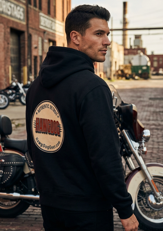 Close-up of the HawgDog Detroit Chapter back emblem on the white Golden Hour hoodie