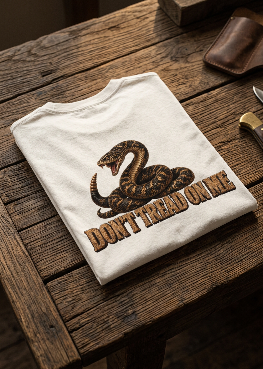 Back of the off-white Don't Tread Doggo tee with the coiled snake graphic, folded on a wooden table