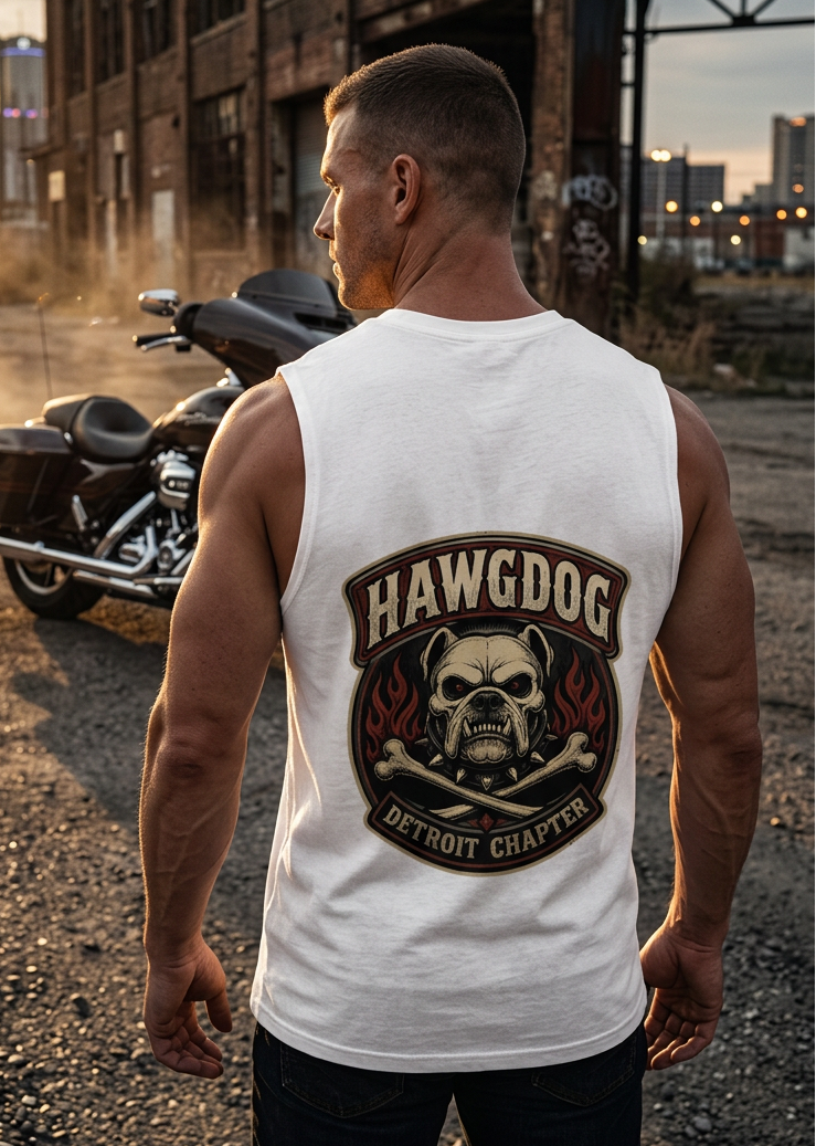 Back of the white Ride Hard & Love Dogs men's tank top with the HawgDog skull Detroit patch