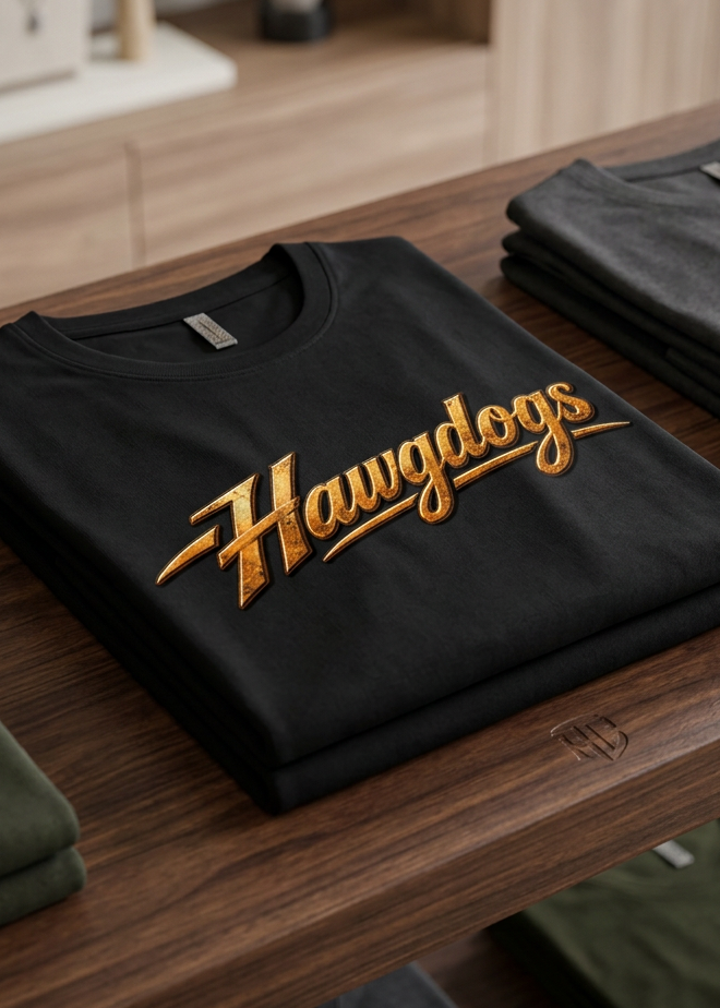 Back of the black Wings of The Open Road men's tank top with the gold winged HawgDogs logo, folded on a wooden table