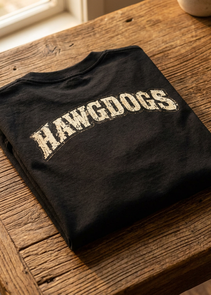 Back of the black Roll Me Away tee with the HawgDogs logo, folded on a wooden table