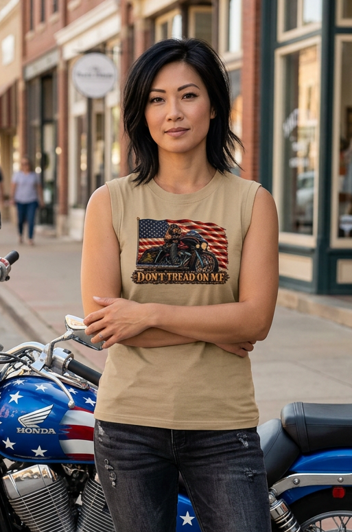 Woman in the khaki Don't Tread Doggo women's crewneck tank on a small town street