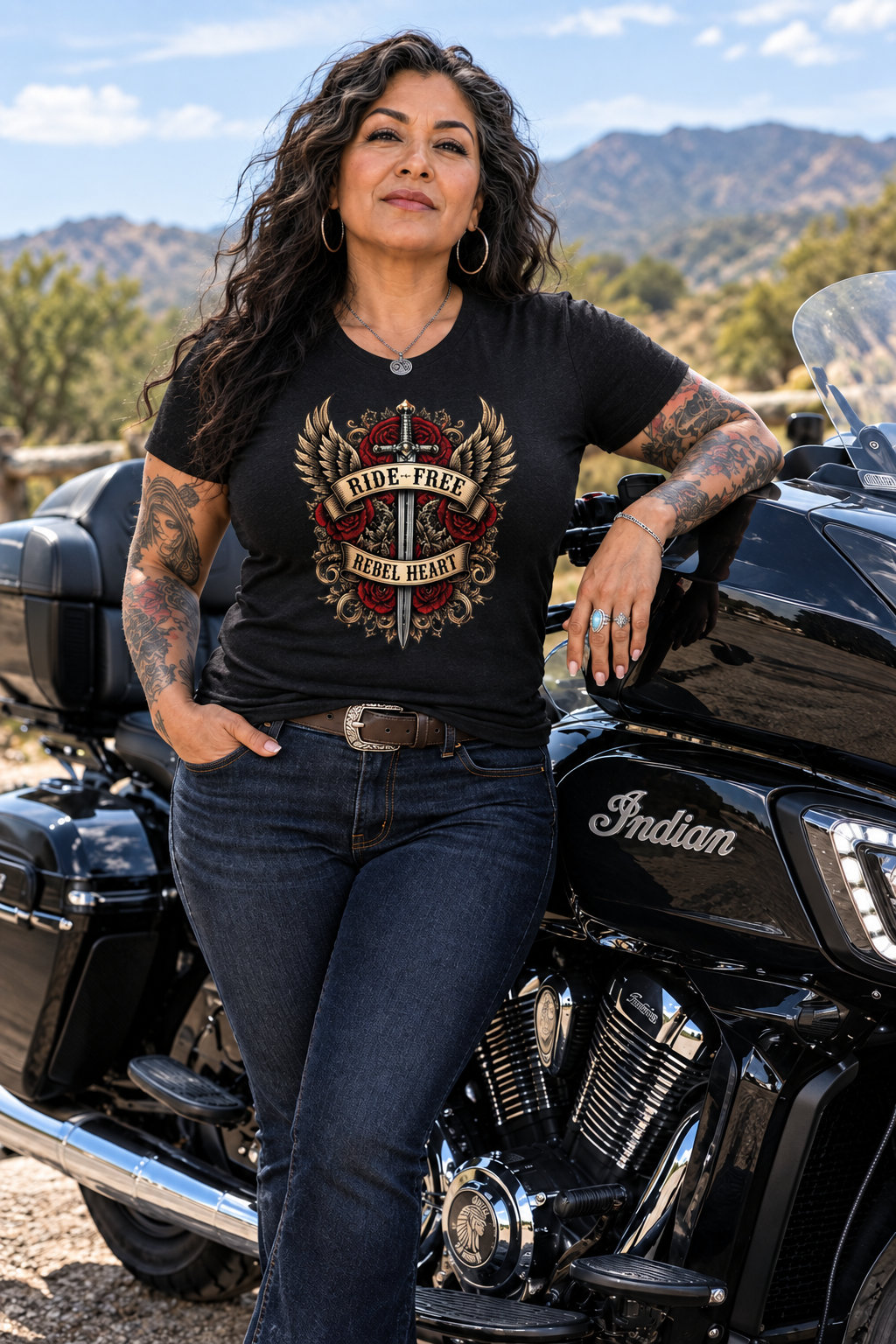 Woman wearing the black Rebel Heart women's tee leaning on her motorcycle