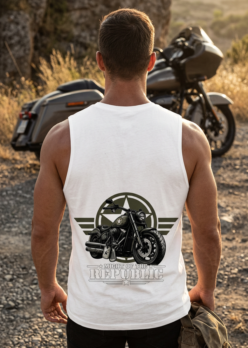 Back of the white Might of The Republic rear-print men's tank top showing the back graphic