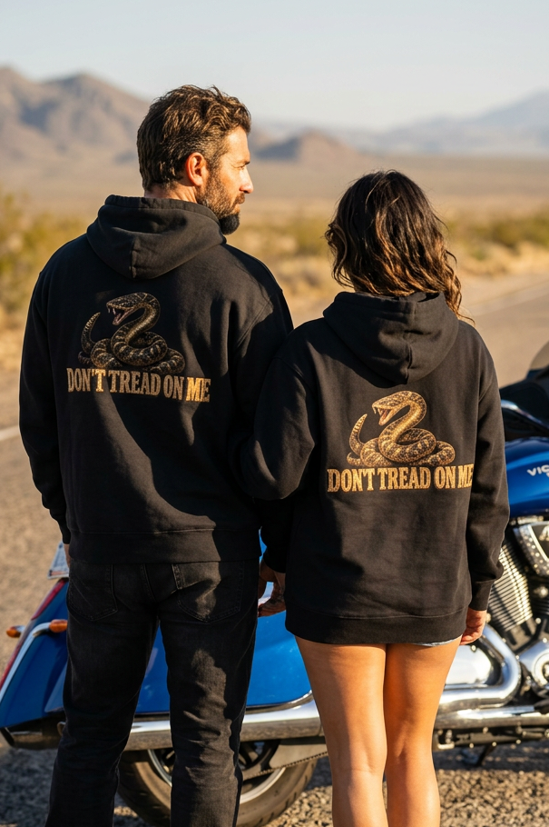 Back of black Don't Tread Doggo hoodies with the coiled snake graphic