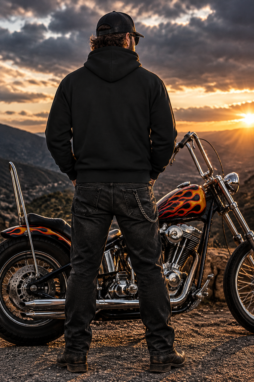 Back of the black Wild Wheelie hoodie on a rider beside his motorcycle at sunset