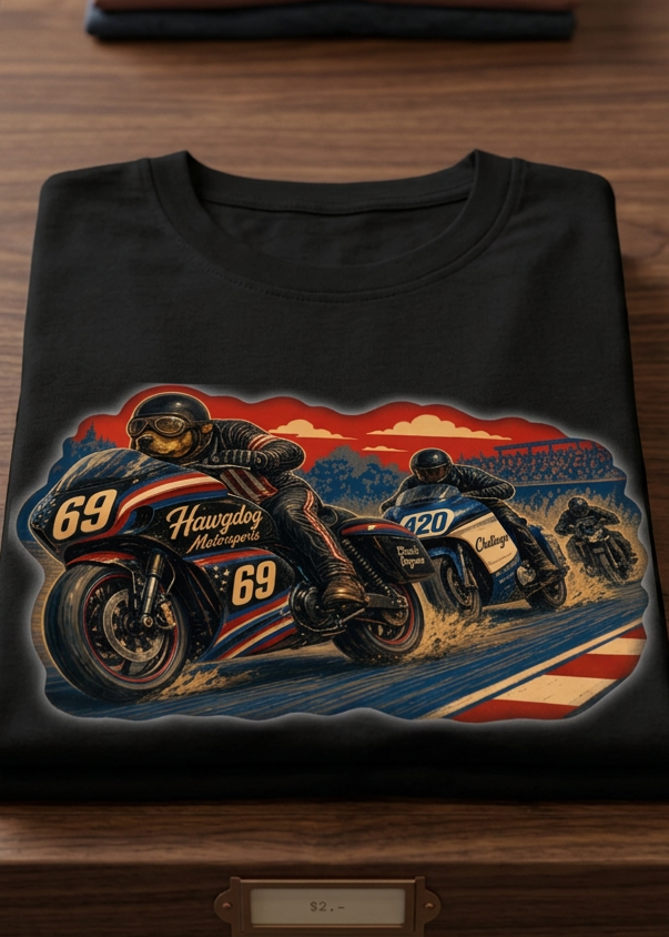 Front of the black Bagger Dogs men's tank top with the racing bagger motorcycles graphic, laid flat on a wooden table